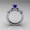 Classic 14K White Gold Blue Sapphire Diamond Solitaire Ring Single Flush Band Bridal Set R188S-14KWGDBS-2