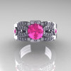 Classic 18K White Gold Pink Sapphire Diamond Solitaire Ring Double Flush Band Bridal Set R188S2-18KWGDPS-4