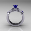 Classic 14K White Gold Blue Sapphire Diamond Solitaire Ring Double Flush Band Bridal Set R188S2-14KWGDBS-2