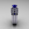 Classic 14K White Gold Blue Sapphire Diamond Solitaire Ring Double Flush Band Bridal Set R188S2-14KWGDBS-3