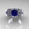 Classic 14K White Gold Blue Sapphire Diamond Solitaire Ring Double Flush Band Bridal Set R188S2-14KWGDBS-4
