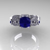 Classic 14K White Gold Blue Sapphire Diamond Solitaire Ring Single Flush Band Bridal Set R188S-14KWGDBS-4