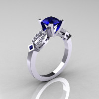 Classic 14K White Gold Blue Sapphire Diamond Solitaire Ring R188-14KWGDBS-1