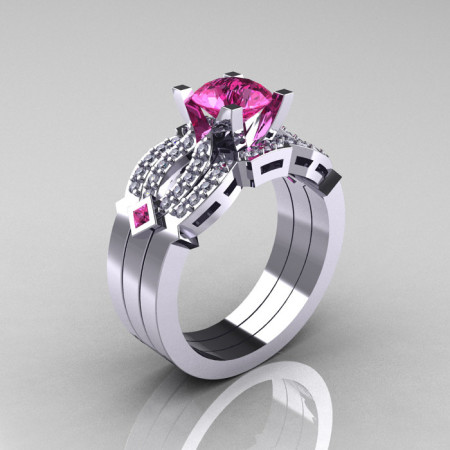 Classic 18K White Gold Pink Sapphire Diamond Solitaire Ring Double Flush Band Bridal Set R188S2-18KWGDPS-1