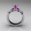 Classic 18K White Gold Pink Sapphire Diamond Solitaire Ring Double Flush Band Bridal Set R188S2-18KWGDPS-2