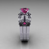 Classic 18K White Gold Pink Sapphire Diamond Solitaire Ring Double Flush Band Bridal Set R188S2-18KWGDPS-3
