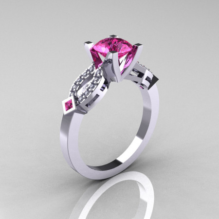 Classic 18K White Gold Pink Sapphire Diamond Solitaire Ring R188-18KWGDPS-1
