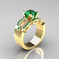 Classic 14K Yellow Gold Emerald Diamond Solitaire Ring Double Flush Band Bridal Set R188S2-14KYGDEM-1