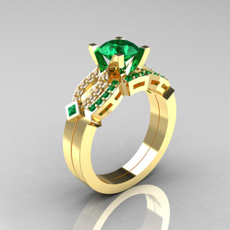 Classic 14K Yellow Gold Emerald Diamond Solitaire Ring Single Flush Band Bridal Set R188S-14KYGDEM-1