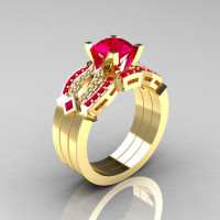 Classic 14K Yellow Gold Ruby Diamond Solitaire Ring Double Flush Band Bridal Set R188S2-14KYGDRR-1