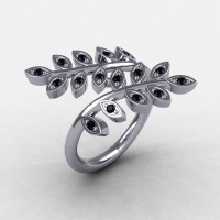 14K White Gold Black Diamond Leaf and Vine Wedding Ring Engagement Ring NN112-14KWGBD-1