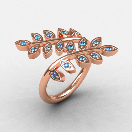 14K Rose Gold Aquamarine Leaf and Vine Wedding Ring Engagement Ring NN112-14KRGAQ-1