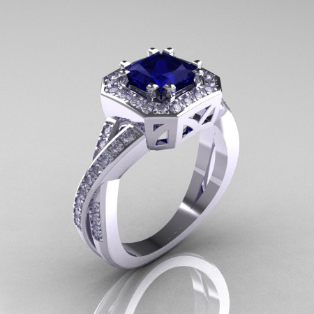 Classic 14K White Gold 1.23 CT Princess Blue Sapphire Diamond Engagement Ring R189P-14KWGDBS-1
