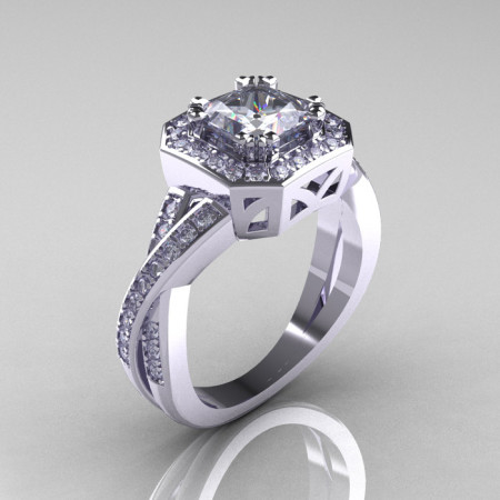 Classic 14K White Gold 1.23 CT Princess White Sapphire Diamond Engagement Ring R189P-14KWGDWS-1