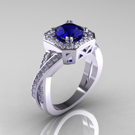 Classic 14K White Gold 1.0 CT Round Blue Sapphire Diamond Engagement Ring R189-14KWGDBS-1