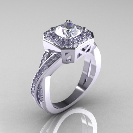 Classic 14K White Gold 1.0 CT Round White Sapphire Diamond Engagement Ring R189-14KWGDWS-1