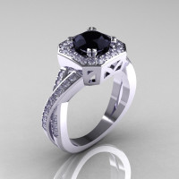Classic 14K White Gold 1.0 CT Round Black and White Diamond Engagement Ring R189-14KWGDBD-1