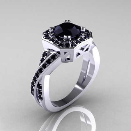 Classic 14K White Gold 1.0 CT Round Black Diamond Engagement Ring R189-14KWGBD-1