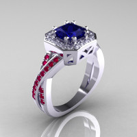 American Classic 14K White Gold 1.23 CT Princess Blue Sapphire Ruby Diamond Engagement Ring R189P-14KWGDRBS-1