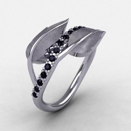 Natures Nouveau 14K White Gold Black Diamond Leaf and Vine Wedding Ring Engagement Ring NN113S-14KWGBD-1