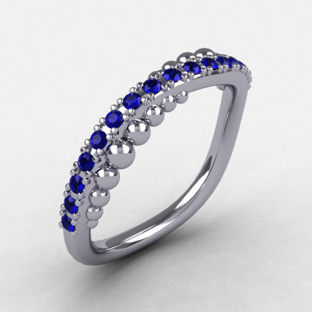 Natures Nouveau 10K White Gold Blue Sapphire Pearl and Vine Wedding Band Engagement Ring NN115-10KWGBS-1