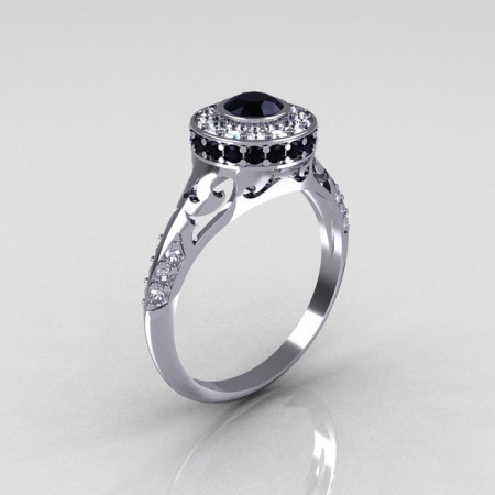 Modern Antique 14K White Gold Black and White Diamond Wedding Ring Engagement Ring R191-14KWGDBD-1