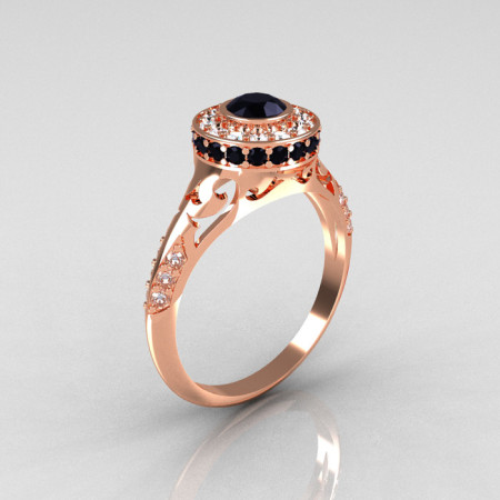 Modern Antique 18K Rose Gold Black and White Diamond Wedding Ring Engagement Ring R191-18KRGDBD-1
