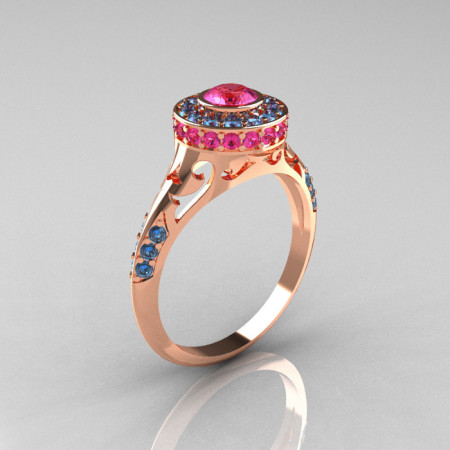 Modern Antique 14K Rose Gold Pink Sapphire Aquamarine Wedding Ring Engagement Ring R191-14KRGAQPS-1