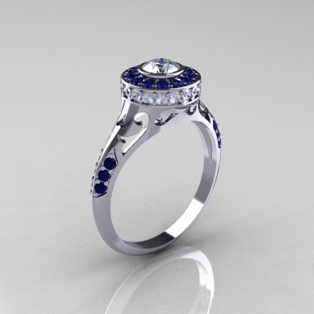 Modern Antique 10K White Gold Blue and White Sapphire Wedding Ring Engagement Ring R191-10KWGBSWS-1