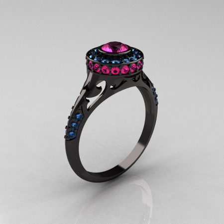 Modern Antique 14K Black Gold Pink Sapphire Aquamarine Wedding Ring Engagement Ring R191-14KBGAQPS-1