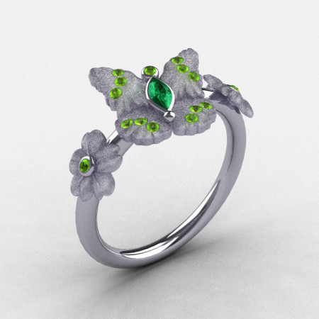 Natures Nouveau Platinum Emerald and Peridot Butterfly Wedding Ring Engagement Ring NN116S-PLATPEM-1