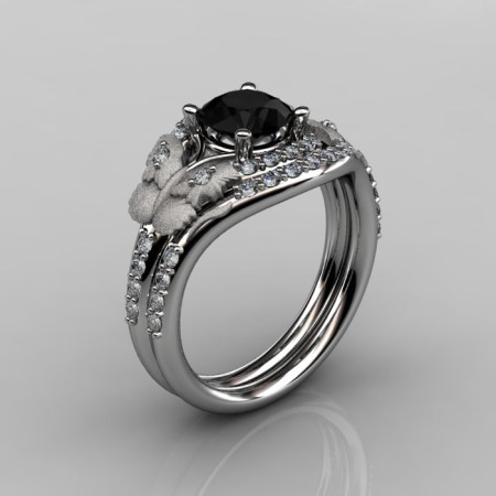 14KT White Gold Diamond Leaf and Vine Black Diamond Wedding RingEngagement Ring NN117SS-14KWGDBD Nature Inspired Jewelry-1