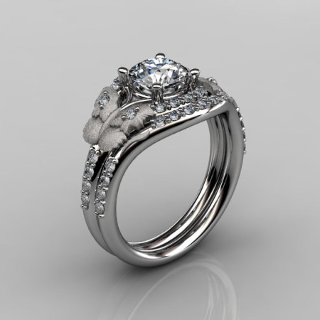 14KT White Gold Diamond Leaf and Vine White Sapphire Wedding RingEngagement Ring NN117SS-14KWGDWS Nature Inspired Jewelry-1