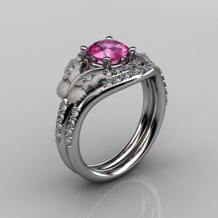 14KT White Gold Diamond Leaf and Vine Pink Sapphire Wedding RingEngagement Ring NN117SS-14KWGDPS Nature Inspired Jewelry-1