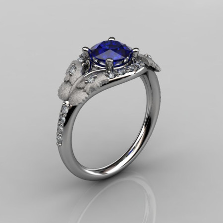 Nature Inspired 18K White Gold 1.0 CT Blue Sapphire Diamond Butterfly and Vine Engagement Ring Wedding Ring NN117S-18KWGDBS-1