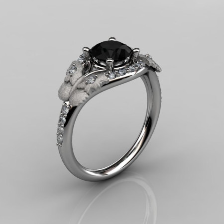 Nature Inspired 10K White Gold 1.0 CT Black Diamond Butterfly and Vine Engagement Ring Wedding Ring NN117S-10KWGDCHD-1