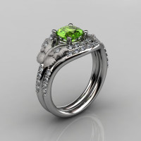 Nature Inspired 10K White Gold 1.0 CT Peridot Diamond Butterfly and Vine Engagement Ring Wedding Band Set NN117SS-10KWGDP-1