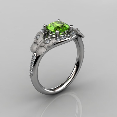 Nature Inspired 10K White Gold 1.0 CT Peridot Diamond Butterfly and Vine Engagement Ring Wedding Ring NN117S-10KWGDP-1