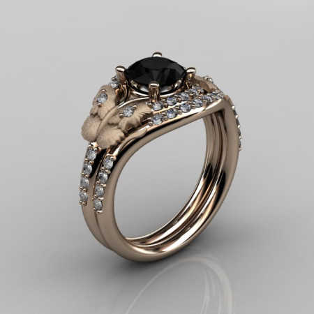 Nature Inspired 18K Rose Gold 1.0 CT Black Diamond Butterfly and Vine Engagement Ring Wedding Band Set NN117SS-18KRGDBD-1