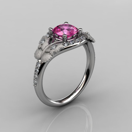 Nature Inspired 18K White Gold 1.0 CT Pink Sapphire Diamond Butterfly and Vine Engagement Ring Wedding Ring NN117S-18KWGDPS-1