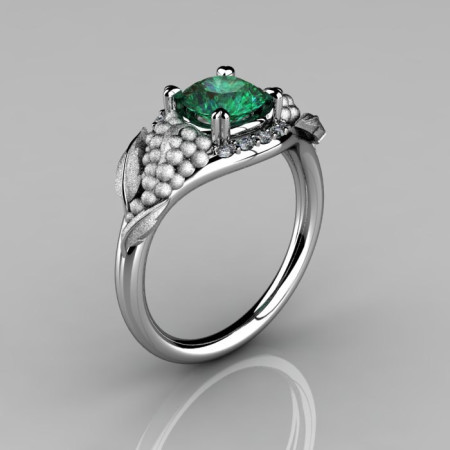 Nature Inspired 14K White Gold 1.0 CT Emerald Diamond Grape Vine and Leaf Engagement Ring NN118S-14KWGDEM-1
