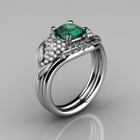 Nature Inspired 14K White Gold 1.0 CT Emerald Diamond Grape Vine and Leaf Engagement Ring Set NN118SS-14KWGDEM-1