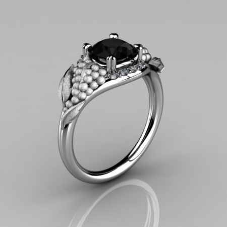 Nature Inspired 14K White Gold 1.0 CT Black and White Diamond Grape Vine and Leaf Engagement Ring NN118S-14KWGBD-1
