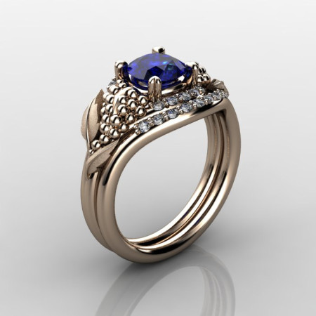 Nature Inspired 14K Rose Gold 1.0 CT Blue Sapphire Diamond Grape Vine and Leaf Engagement Ring Set NN118SS-14KRGDBS-1