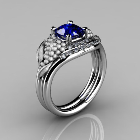 Nature Inspired 14K White Gold 1.0 CT Blue Sapphire Diamond Grape Vine and Leaf Engagement Ring Set NN118SS-14KWGDBS-1