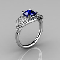 Nature Inspired 14K White Gold 1.0 CT Blue Sapphire Diamond Grape Vine and Leaf Engagement Ring NN118S-14KWGDBS-1