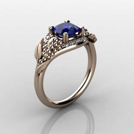 Nature Inspired 14K Rose Gold 1.0 CT Blue Sapphire Diamond Grape Vine and Leaf Engagement Ring NN118S-14KRGDBS-1