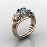 Nature Inspired 18K Rose Gold 1.0 CT Blue Topaz Diamond Grape Vine and Leaf Engagement Ring Set NN118SS-18KRGDBT-1