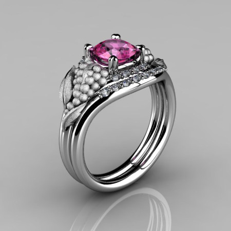 Nature Inspired 14K White Gold 1.0 CT Pink Sapphire Diamond Grape Vine and Leaf Engagement Ring Set NN118SS-14KWGDPS-1