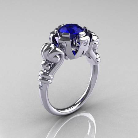 Modern Vintage 14K White Gold 1.0 Carat Blue Sapphire Diamond Ring RR130-14KWGDBS-1